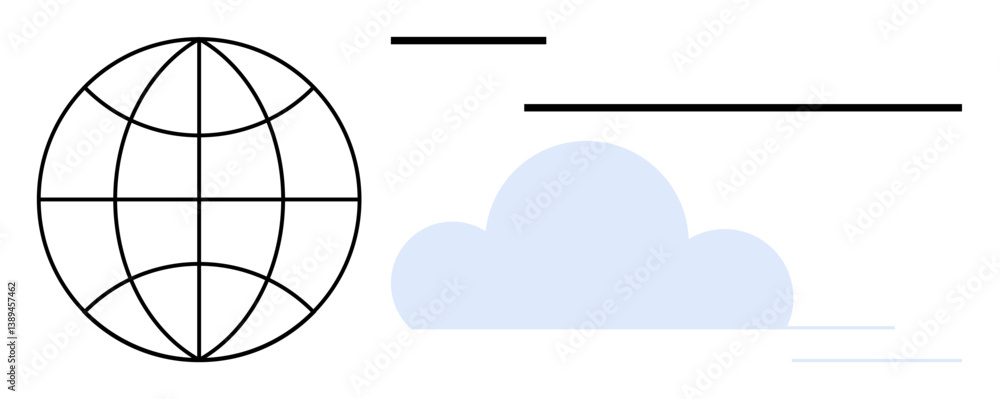 Poster globe with latitude and longitude lines beside a blue cloud and abstract horizontal lines. ideal for