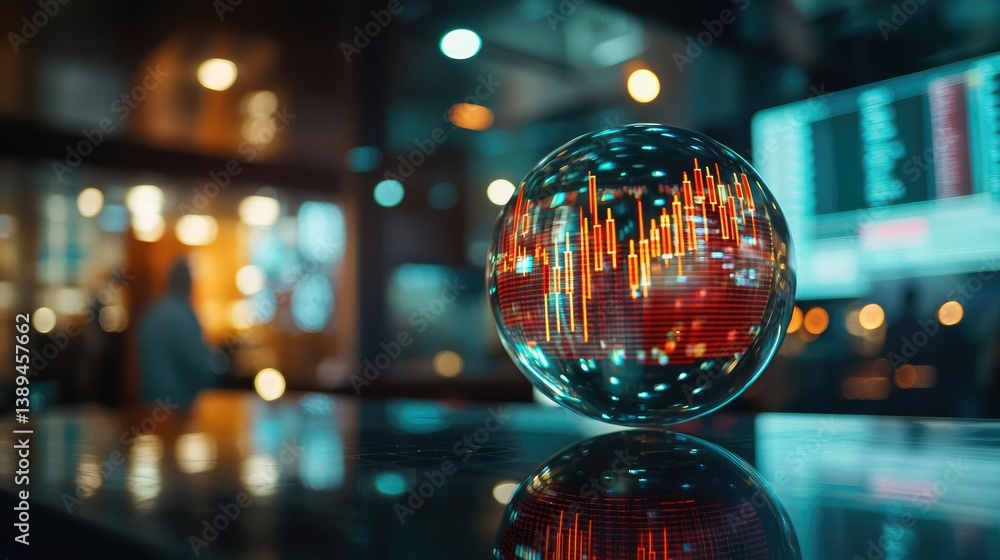 Poster candlestick in crystal globe forecasting stock market growth concept. abstract data visualization in