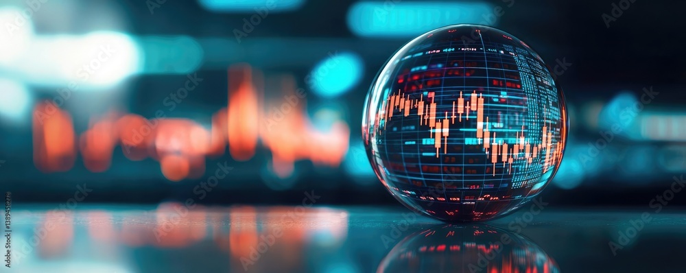Poster candlestick in crystal globe forecasting stock market growth concept. abstract digital globe with fi