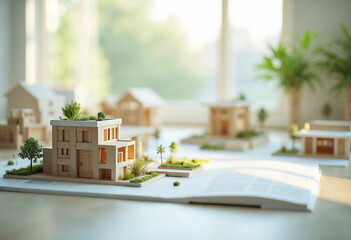 Urban planning model beside open book and plant