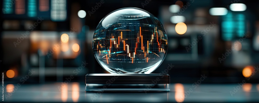 Poster candlestick in crystal globe forecasting stock market growth concept. a crystal ball displaying data