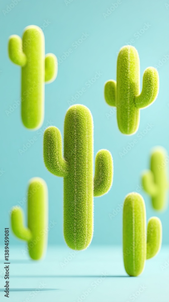 Poster cactuses float individually in bright studio setting