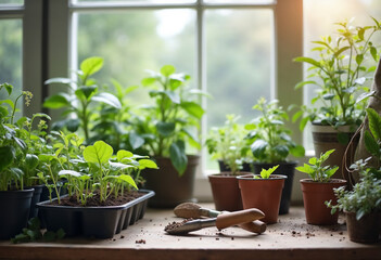 Young plants in pots growing on sunlit window shelf