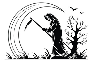 83 Dark silhouette, grim reaper, hooded figure, scythe, circle backdrop, minimalist design, black and white, iconic symbol, death personified, ominous presence, stark contrast, simple yet powerful, gr
