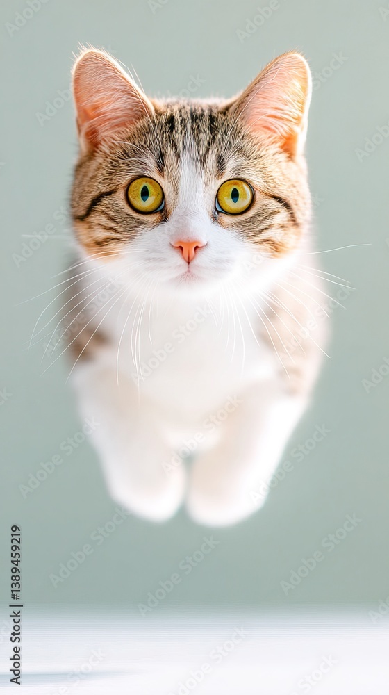 Poster cat floating in mid-air with a soft background and light