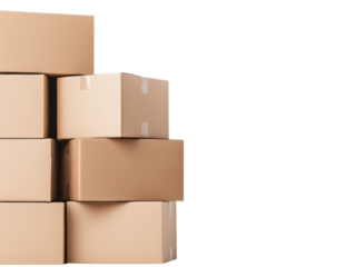 Stacked cardboard boxes with cutout background indoor storage photography clean environment focused viewpoint