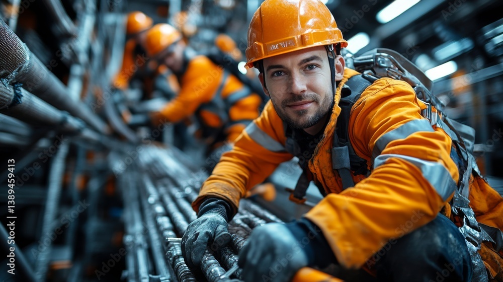 Fototapete Professionals in protective gear collaborate in a mineral processing facility, focusing on excavation and infrastructure development in a busy mining environment.