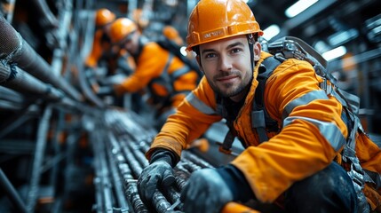 Professionals in protective gear collaborate in a mineral processing facility, focusing on excavation and infrastructure development in a busy mining environment.