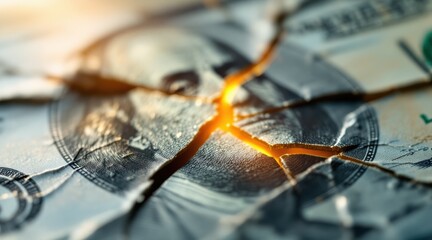 Cracked dollar bill with glowing fissures, symbolizing financial distress or economic instability.