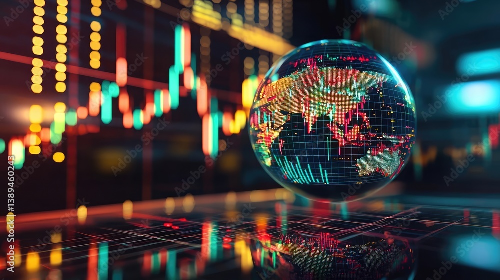 Poster candlestick in crystal globe forecasting investor success concept. global financial data visualizati