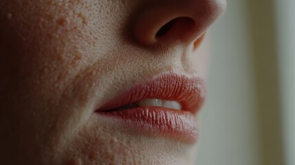 Fototapeta premium Close-up of a person's lips and skin texture, highlighting natural beauty and human detail.