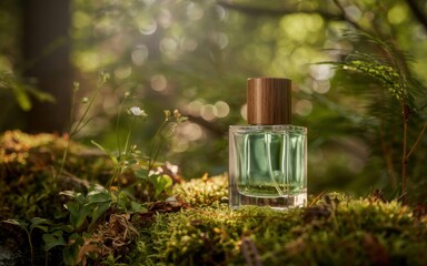 Elegant perfume bottle resting on lush moss in a serene green forest during golden hour