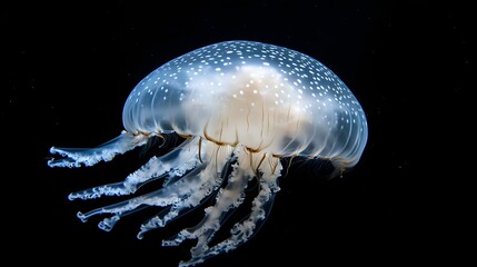 Obraz premium Spotted jellyfish swimming in dark aquarium water