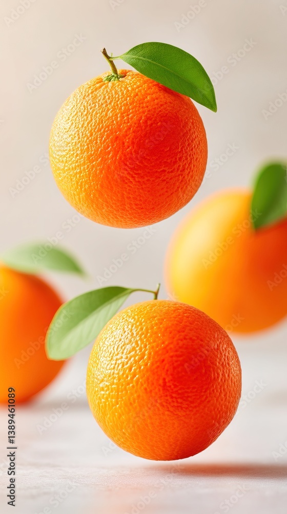 Poster oranges floating in mid-air with soft background lighting