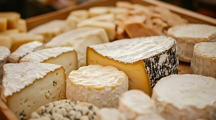 variety of gourmet cheeses displayed on wooden tray, including soft, semi soft, and hard textures with diverse rinds and colors, creating rich and appetizing presentation