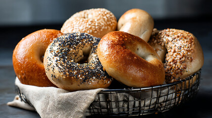 variety of freshly baked bagels, including sesame, poppy seed, and plain, are arranged in wire basket lined with cloth. bagels have golden, glossy crust, evoking warm and inviting atmosphere