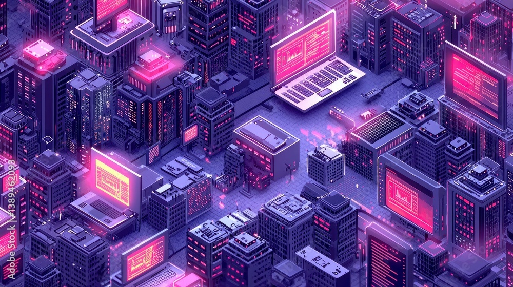 Poster cyberpunk cityscape: digital metropolis of tomorrow. futuristic urban scene with glowing buildings a