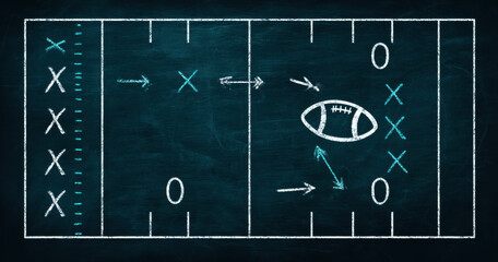 chalkboard drawing of football field layout, featuring player positions, arrows indicating movement, and football center
