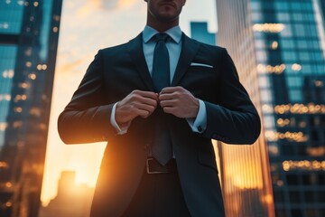 A sharply dressed businessman adjusting his cufflinks, standing tall against a backdrop of towering skyscrapers at sunset.