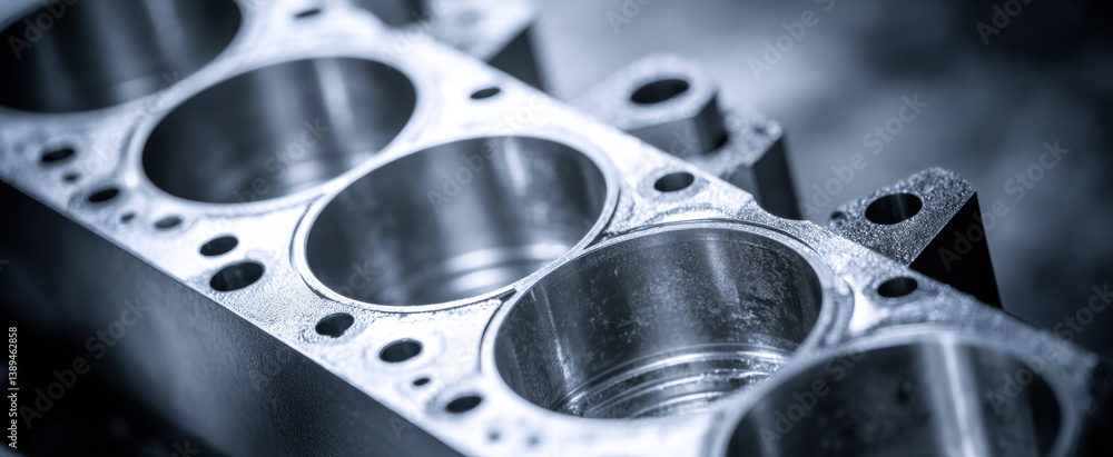 Poster close up view of metallic engine block showcasing precision engineering and intricate details, highl