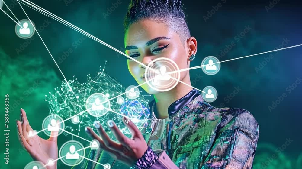 Poster digital nexus: a captivating figure interacts with an intricate web of glowing data, a visual explor