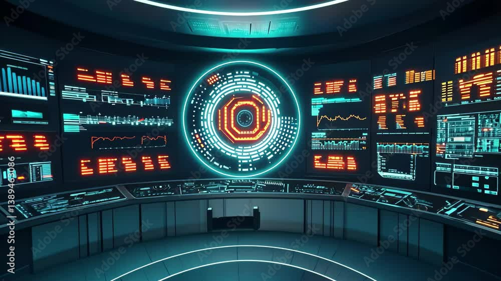 Poster futuristic control room featuring glowing circular displays and advanced data interfaces, a futurist
