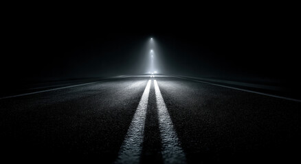 dark road illuminated by distant light creates mysterious and eerie atmosphere, inviting exploration and reflection