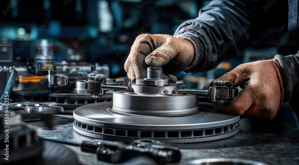 Poster hands working on automotive brake components, showcasing precision and craftsmanship in workshop env