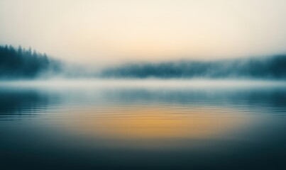 Fototapeta premium Misty lake sunrise, tranquil water reflection, peaceful forest background, ideal for calming mood, nature scenes