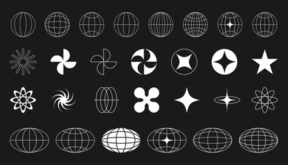 Y2K brutalism design elements: a collection of retro-futuristic forms, abstract geometric shapes and Bauhaus minimalism for contemporary projects