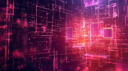 vibrant digital abstract background featuring interconnected glowing blocks and lines, symbolizing blockchain technology and data networks in futuristic style