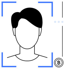 Minimalist human face silhouette surrounded by focus brackets and cryptocurrency icon. Ideal for technology, blockchain, identity, cryptocurrency, security, innovation, verification themes. Flat