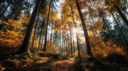 Obraz premium Breathtaking panoramic view of vibrant autumn forest with golden leaves, tall trees, and sunlight streaming through canopy, creating serene and magical atmosphere