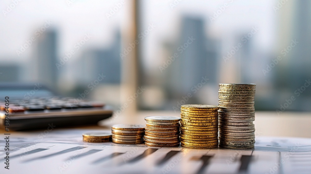 Poster coins stacked on table with calculator and financial graph background