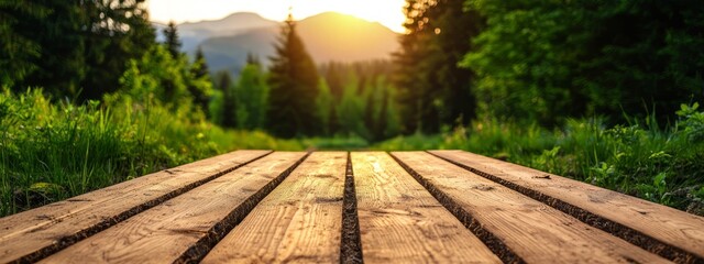 Serene Forest Pathway at Sunset with Glowing Wooden Planks