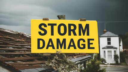 Obraz premium Storm damage sign on roof, indicating severe weather impact, with dark clouds in background creating dramatic atmosphere