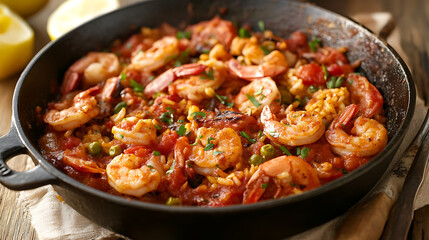 Fototapeta premium skillet filled with vibrant Charleston red rice, featuring plump shrimp, tomatoes, peas, and spices, creating hearty and flavorful Southern dish