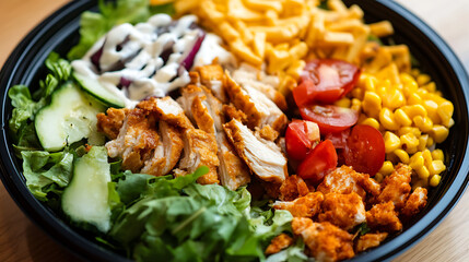 Fototapeta premium vibrant chef salad featuring crispy chicken fresh lettuce cucumber slices cherry tomatoes sweet corn shredded cheese and creamy dressing served in black bowl