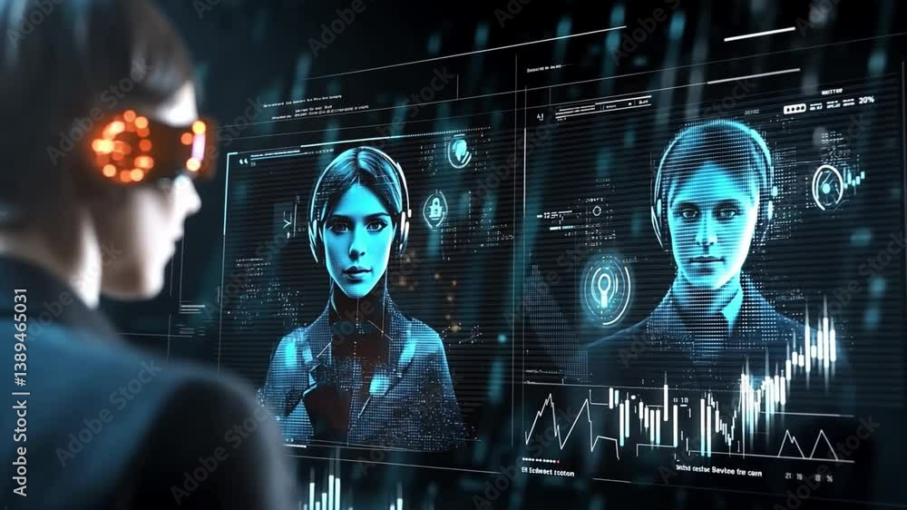 Poster digital insights: futuristic figure, immersed in technology, monitors digital displays. analyzing da
