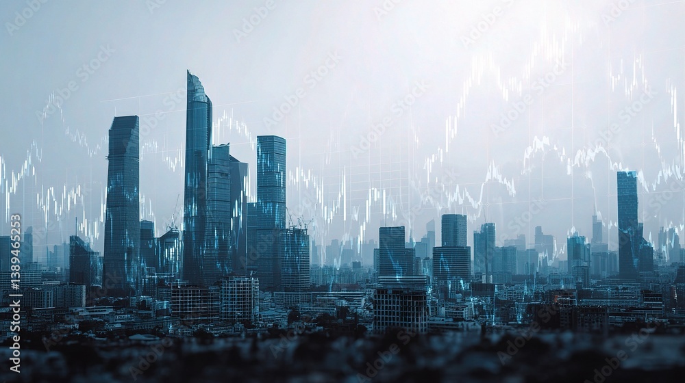 Poster double exposure of skyscraper skyline with abstract overlay design