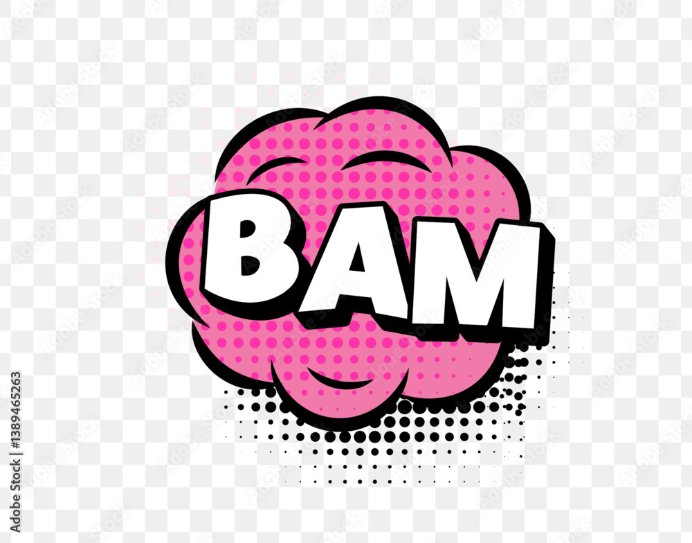 Poster comic book style bam text with pink explosion cloud, retro halftone dots, and bold typography on tra
