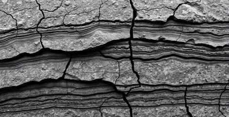 Black white rock texture. Cracked layered mountain surface. Close-up. Gray grungy stone background with space for design.