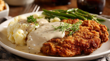Crispy chicken fried steak served with creamy mashed potatoes, rich gravy, and side of fresh green beans, garnished with herbs for comforting and hearty meal