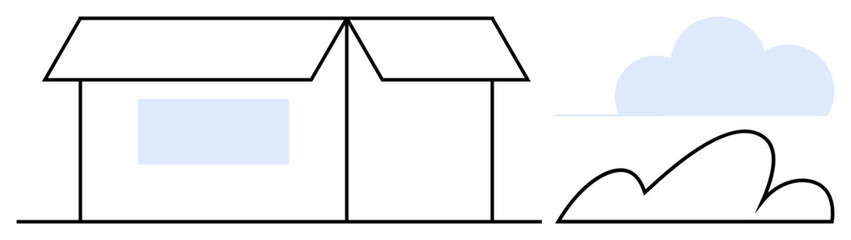 Simple house with a triangular roof and window alongside a bush and cloud. Ideal for real estate, home design, architecture, simplicity, outdoor living, minimalism, flat simple metaphor