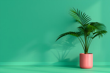 Fototapeta premium A potted palm plant against a green wall with sunlight casting shadows on the backdrop surface