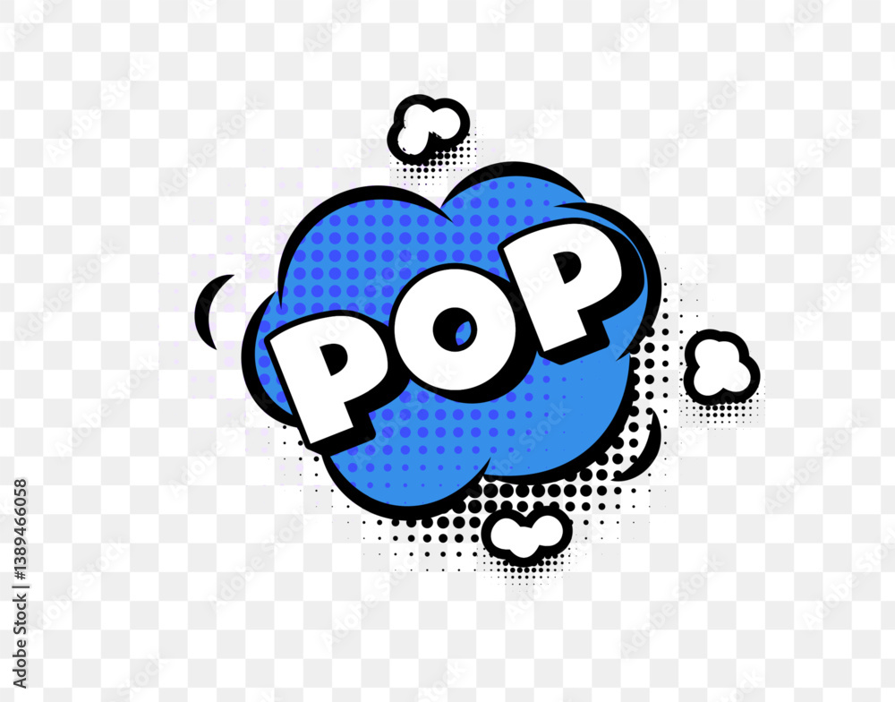 Poster pop comic style text in blue bubble with bold white letters and halftone effect. fun sound effect ex