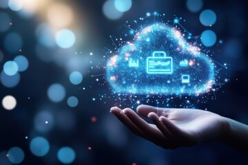 A sleek and modern marketing concept--an open hand holding a digital marketing cloud, floating above a minimalist background with neon blue highlights."