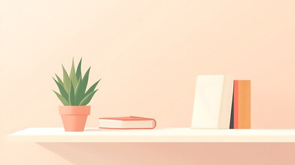 Minimalist shelf with plant, books.