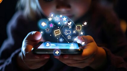 Kid girl is using mobile cell phone. Applications, likes, technology addiction. 