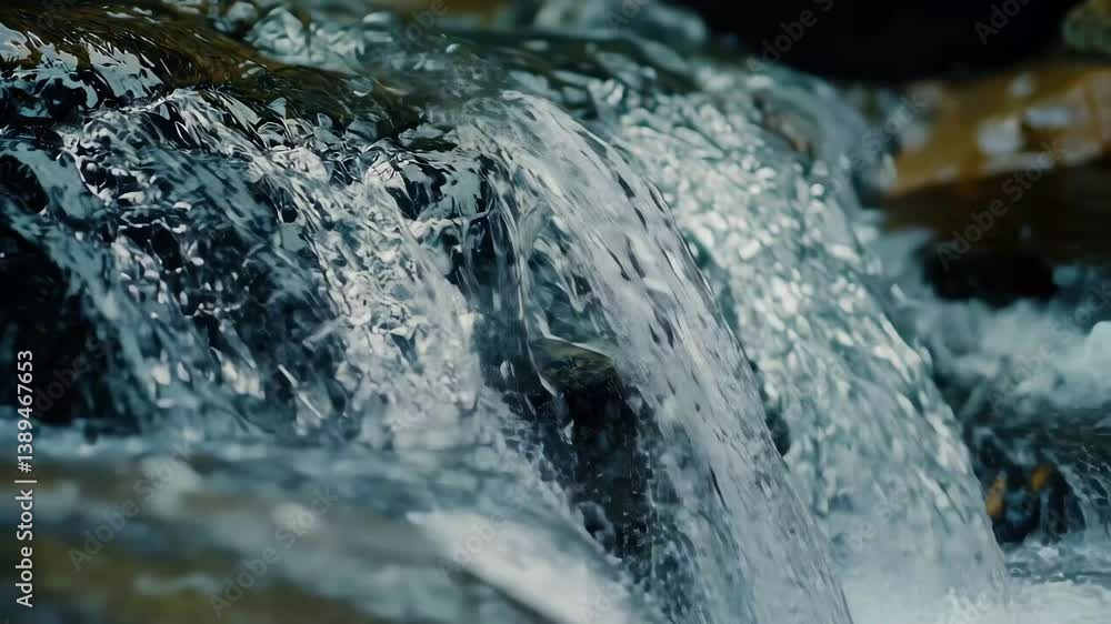 Poster closeup view of cascading water droplets from a waterfall in super slow motion during daytime, drop 